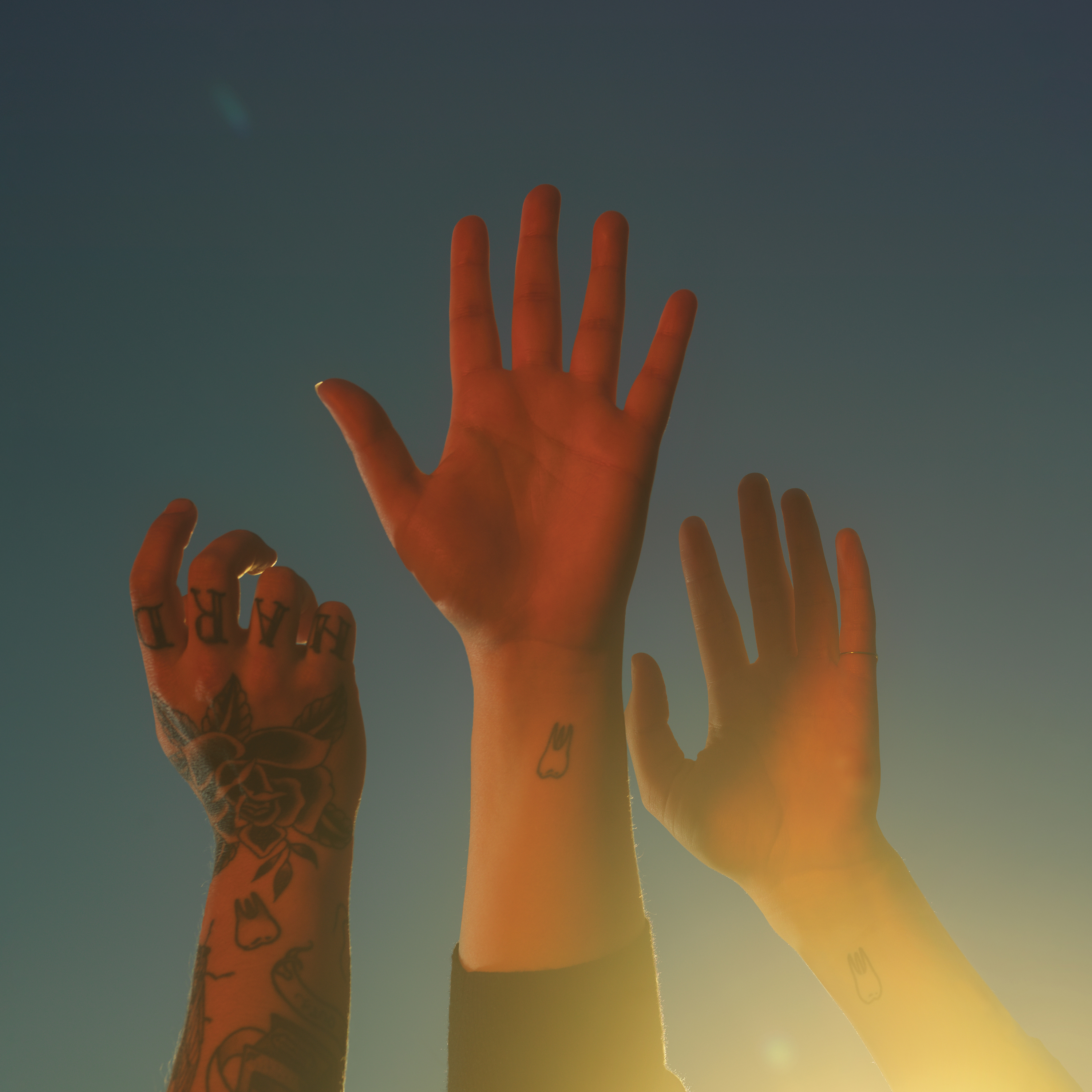 Album cover art for boygenius' debut full-length project, the record. Shows an arm of each of the three band members up in the air, in front of a blue background.